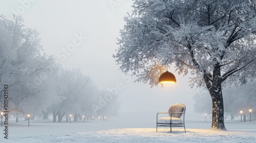 Snow-covered outdoor scene with a single chair and dark yellow hanging light, clean white background.