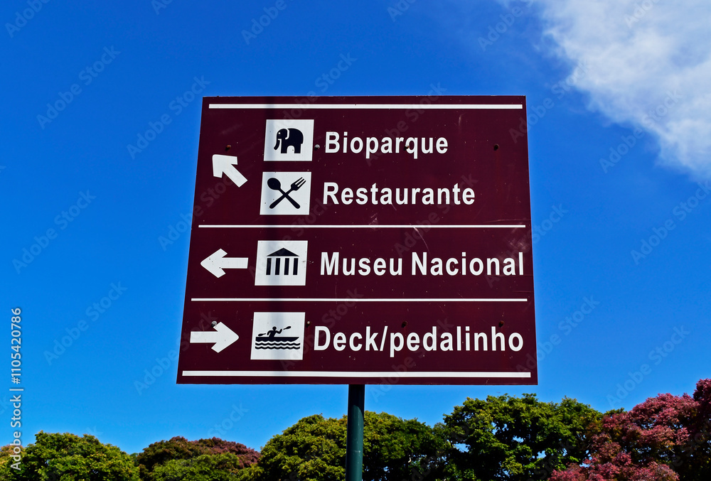 Traffic sign indicating the way to the bio park, restaurant, National Museum and pedal boats in Quinta da Boa Vista, Rio, Brazil