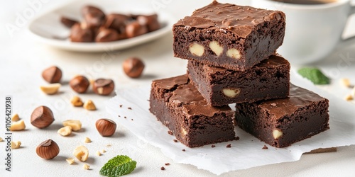 A delightful stack of chocolate brownies featuring mint and hazelnuts sits on baking paper against a light backdrop, accompanied by a cup of coffee and additional nuts, perfect for breakfast moments.