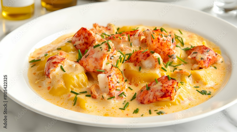 Lobster Ravioli with Saffron Cream Sauce and Chives, Luxury Pasta Photography Lobster Ravioli with Saffron Cream Sauce and Chives, Luxury Pasta Photography