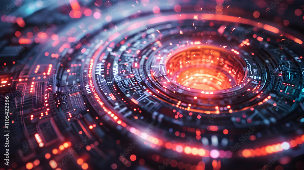 Abstract 3D Rendering of a Futuristic Circular Technology, Glowing with Red and Blue Lights, Detailed Circuitry Design,  Intricate Patterns, Digital Art Background