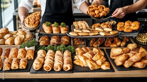 Variety of freshly baked pastries and bread displayed on a wooden table, including croissants, rolls, and pies, attended by two bakers in black aprons at a bakery setup.