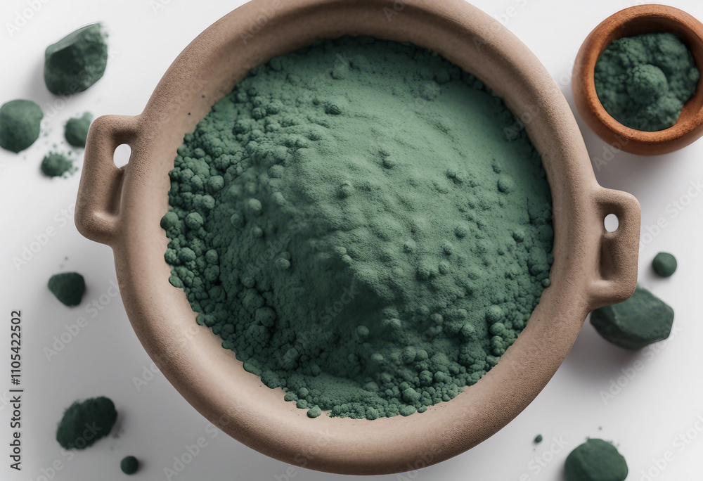 Top view of Spirulina Powder in Clay Pot Isolated on White Transparent Background element Top view of Spirulina Powder in Clay Pot Isolated on White Transparent Background element