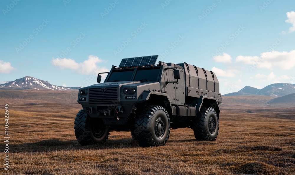 Obraz premium A rugged off-road mobile bomb shelter mounted on a 6x6 truck, with steel-plated armor, water tanks, and solar charging equipment on the roof
