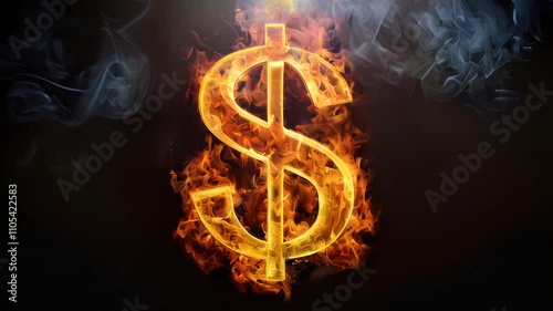 Flames and smoke are rising from a dollar sign on a black background