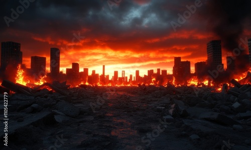 A scorched cityscape reduced to rubble, with skeletal buildings and glowing embers rising from the ground under a dark, ash-filled sky after a nuclear explosion 