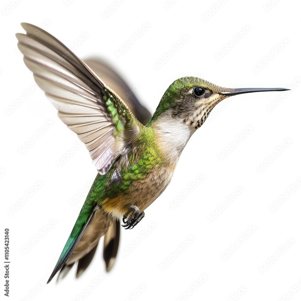 Fototapeta premium Beautiful hummingbird flying on a white background
