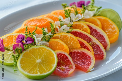 fruit plate featuring beautifully sliced citrus fruits like tangelos and limes, grapefruits, garnished with edible flowers. Healthy food and vitamins, immune boost. Vegan, raw eating. 