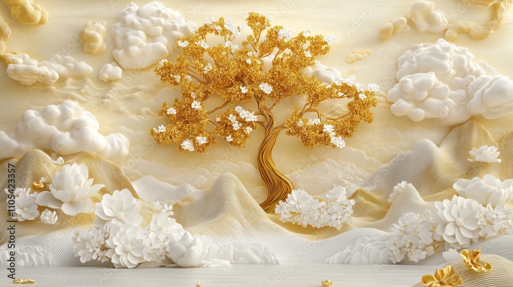 Golden tree with white flowers stands in 3D landscape. Beige mountains, clouds form serene background. Delicate white flowers, artistic gold details create luxurious, tranquil scene. Decorative mural Golden tree with white flowers stands in 3D landscape. Beige mountains, clouds form serene background. Delicate white flowers, artistic gold details create luxurious, tranquil scene. Decorative mural