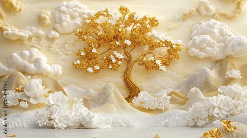 Golden tree with white flowers stands in 3D landscape. Beige mountains, clouds form serene background. Delicate white flowers, artistic gold details create luxurious, tranquil scene. Decorative mural