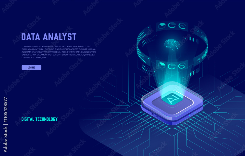 Artificial Intelligence, Isometric Vector Landing Page for AI, Deep Learning, Machine Learning, and Technological Digital Brain Concepts