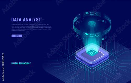 Artificial Intelligence, Isometric Vector Landing Page for AI, Deep Learning, Machine Learning, and Technological Digital Brain Concepts