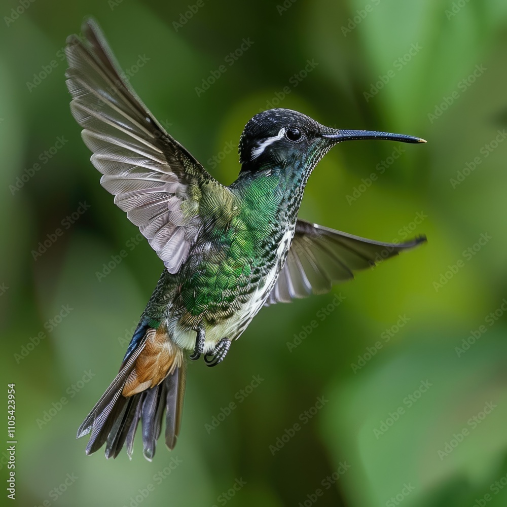 Obraz premium Black throated Mango flying solo against green backdrop.