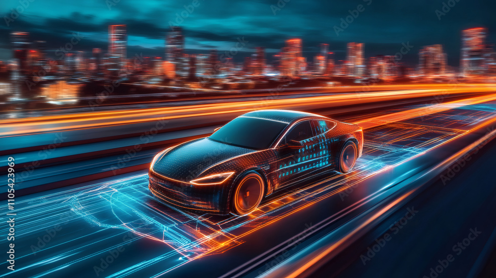 Futuristic self-driving electric vehicle speeding on a highway at night, showcasing advanced automotive technology and innovation Futuristic self-driving electric vehicle speeding on a highway at night, showcasing advanced automotive technology and innovation