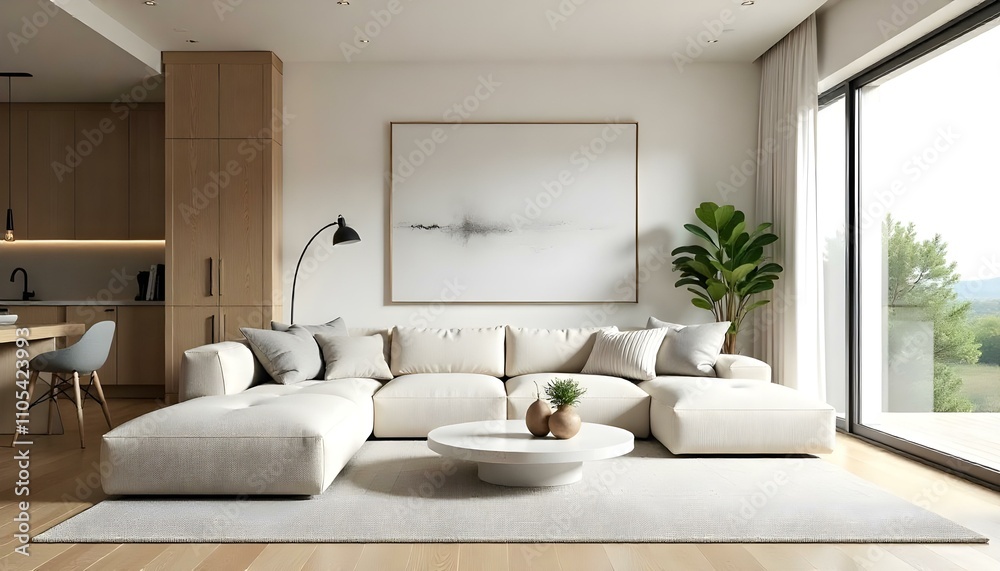 Design a modern, open-concept living room with a cozy and minimalist Design a modern, open-concept living room with a cozy and minimalist
