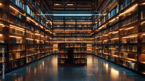 Strictly organized library shelves with glowing digital tags, 8k, hyper realistic