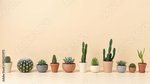 Generative AI, Minimalist Arrangement of Potted Cacti and Succulents in Soft Lighting