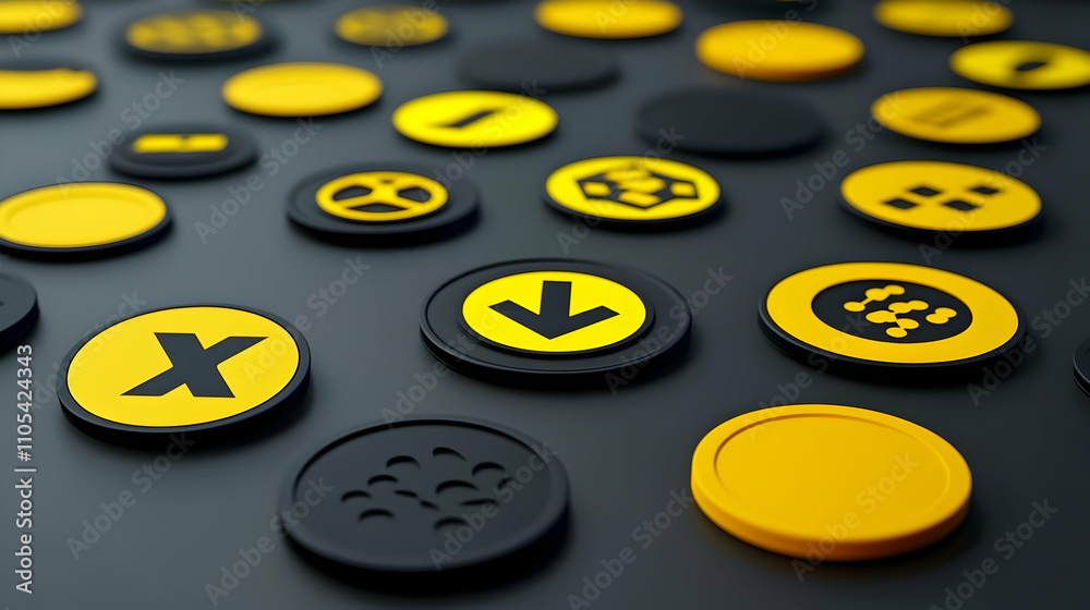 3D Rendered Black and Yellow Circular Buttons with Various Symbols on a Dark Surface 3D Rendered Black and Yellow Circular Buttons with Various Symbols on a Dark Surface
