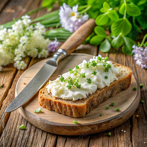 A slice of fresh, crunchy bread topped with creamy cheese blended with herbs,