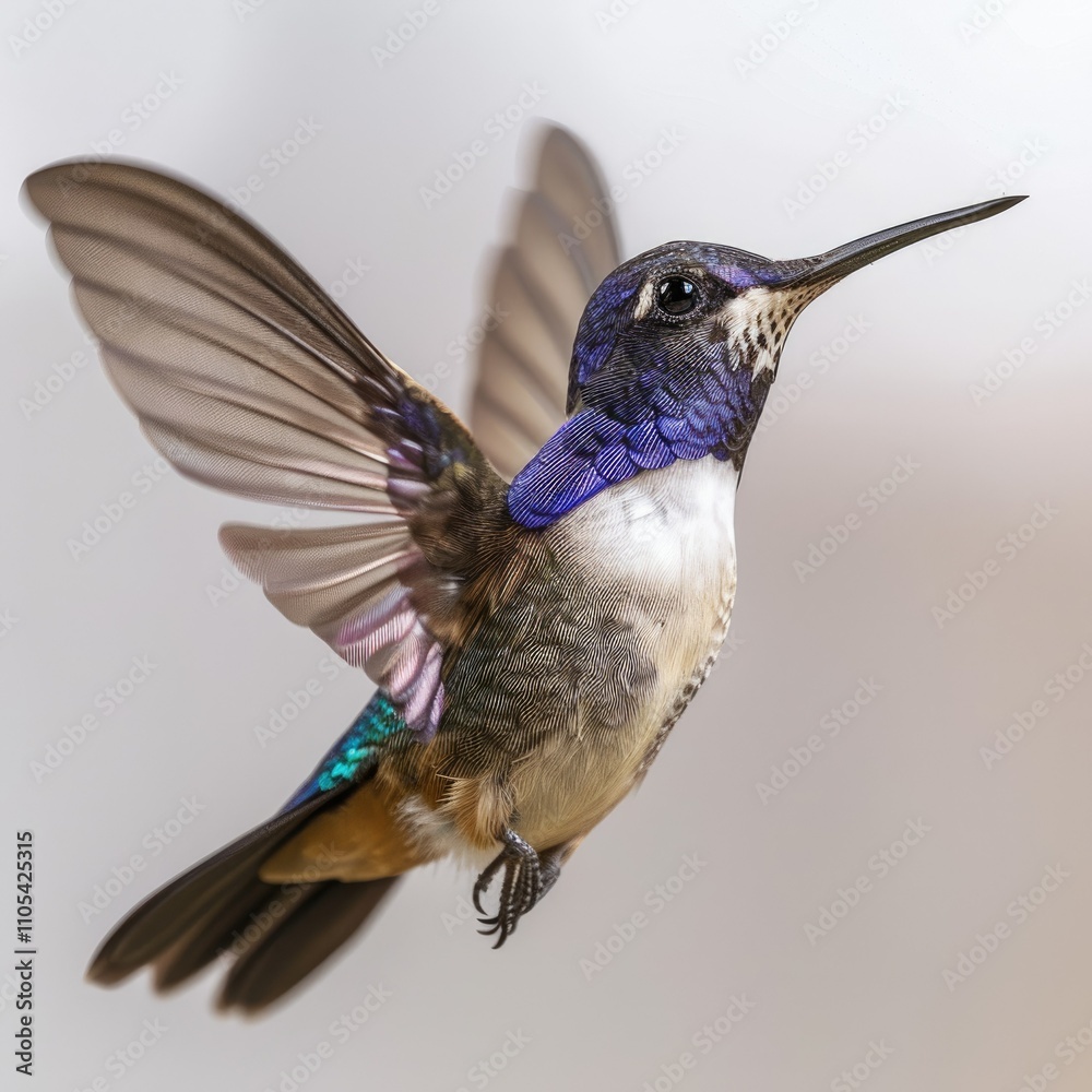 Fototapeta premium Fast moving violet sabrewing hummingbird with blurred wings and tail.