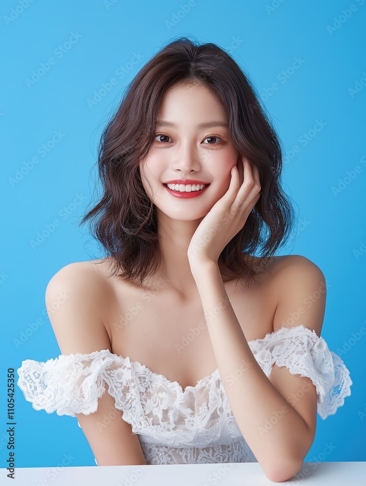Smiling young woman studio portrait blue background cheerful vibe Smiling young woman studio portrait blue background cheerful vibe