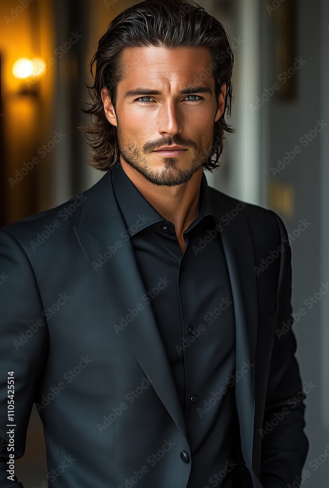 The handsome man with long hair and a muscular build commands attention in a sleek dark suit, embodying a romantic hero\'s allure The handsome man with long hair and a muscular build commands attention in a sleek dark suit, embodying a romantic hero\'s allure