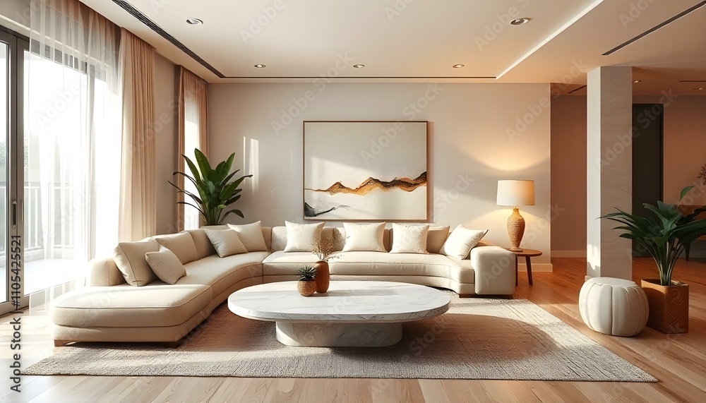 Design a modern, open-concept living room with a cozy and minimalist Design a modern, open-concept living room with a cozy and minimalist