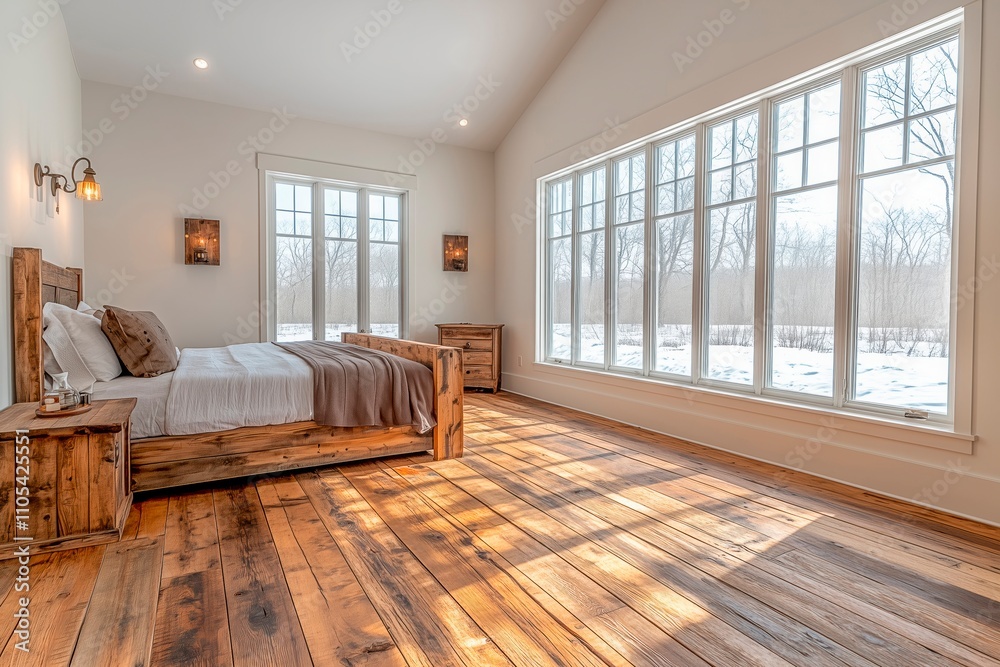 Naklejka premium Stylish warm bedroom with large windows and natural light