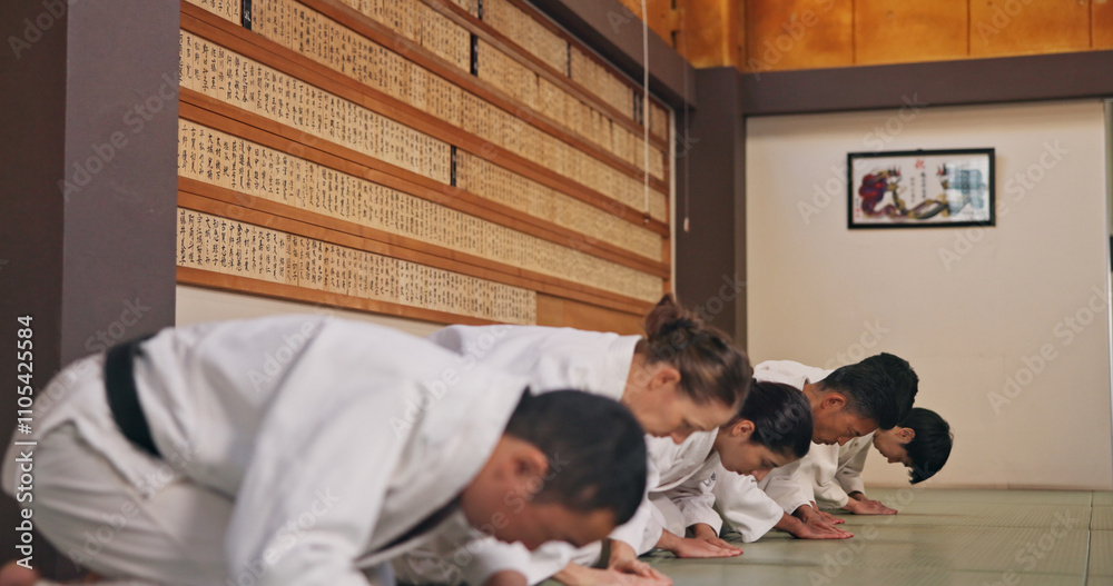 Bow, respect and people in martial arts studio for practice, training or self defense class. Culture, karate and group of students with greeting or etiquette gesture to master in dojo for honor. Bow, respect and people in martial arts studio for practice, training or self defense class. Culture, karate and group of students with greeting or etiquette gesture to master in dojo for honor.