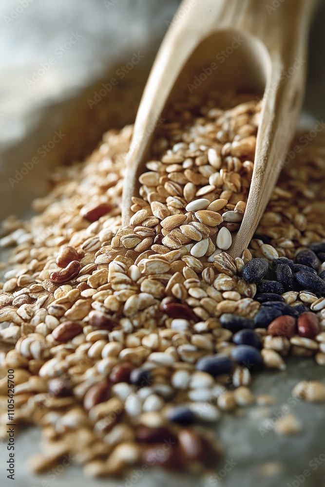 Obraz premium Closeup view of whole grains, beans. Healthy food ingredients like various grains, beans. Nutritional composition. Focus on health benefits, food science. Food textures. Digestive health. Whole grain