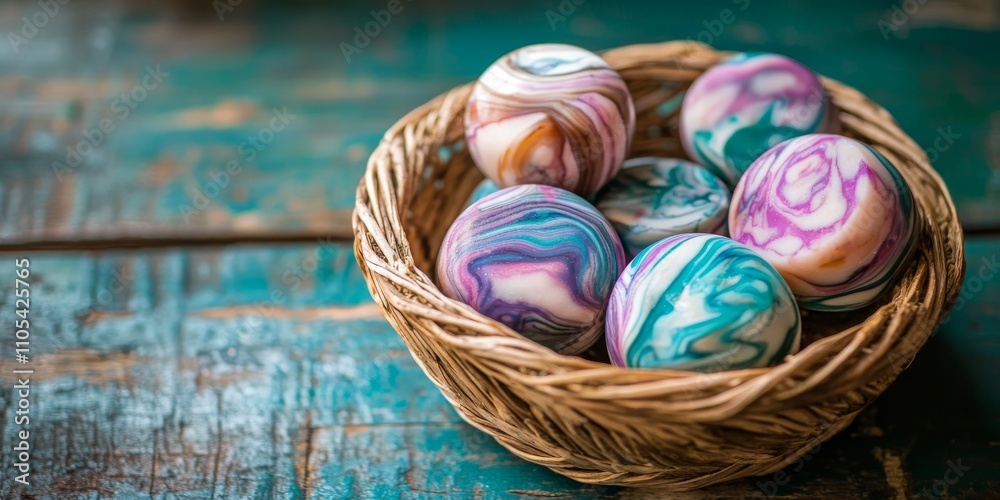 Homemade soaps with a beautiful marble pattern are drying in a basket, showcasing their unique designs against a bright wooden background for an appealing display. Homemade soaps with a beautiful marble pattern are drying in a basket, showcasing their unique designs against a bright wooden background for an appealing display.