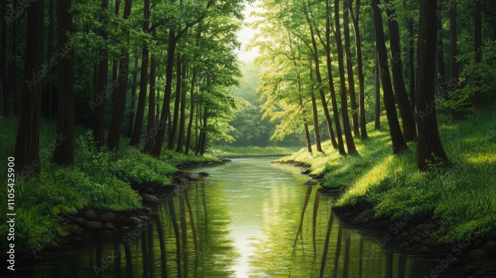 Obraz premium Forest creek scene, warm sunlight, green, brown, gold, serene atmosphere 