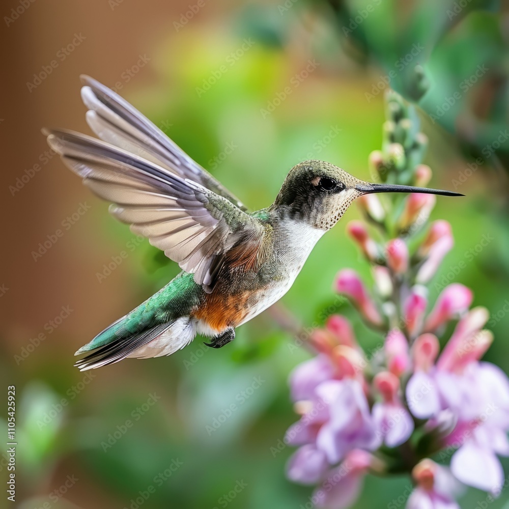 Fototapeta premium Hummingbird flying around a beautiful flower over blurred background