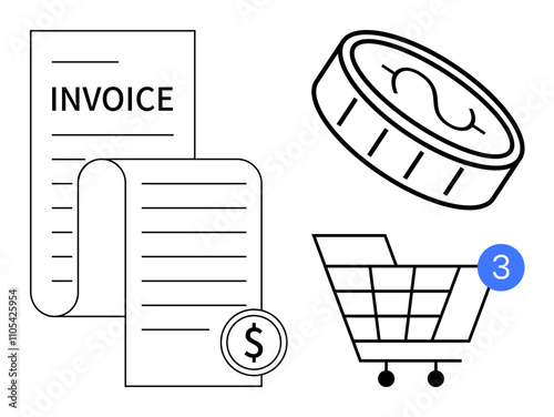 Shopping cart with three items, invoice with dollar sign, and coin representing currency. Ideal for e-commerce, online transactions, payment processing, sales tracking, digital receipts, shopping