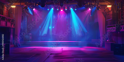 Empty stage with blue and purple lighting and theatrical smoke effects.