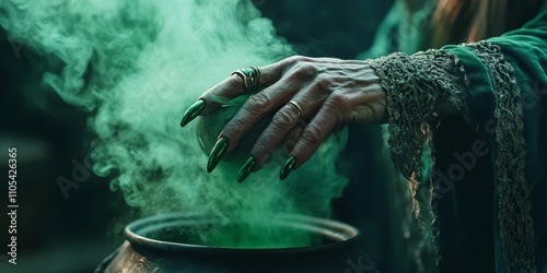 Close up of a witch s hand with long nails, dressed in a green outfit, as she brews a magic potion beside a cauldron emitting green smoke, highlighting the enchanting essence of witchcraft. photo