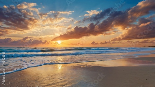 Stunning Sunrise Ocean Beach Seascape  Golden Hour Waves