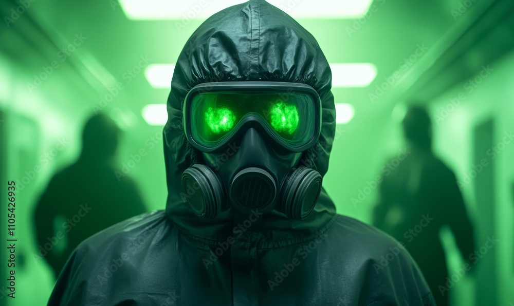 Isolated radiation hazard suit with glowing patches of contamination and a cracked visor under an eerie green light for a radiation theme Isolated radiation hazard suit with glowing patches of contamination and a cracked visor under an eerie green light for a radiation theme