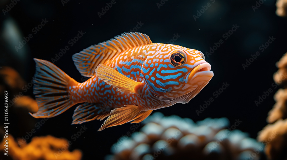 Close-up of a colorful tropical fish with vibrant orange and blue patterns swimming in a coral reef environment, set against a dark background. Close-up of a colorful tropical fish with vibrant orange and blue patterns swimming in a coral reef environment, set against a dark background.