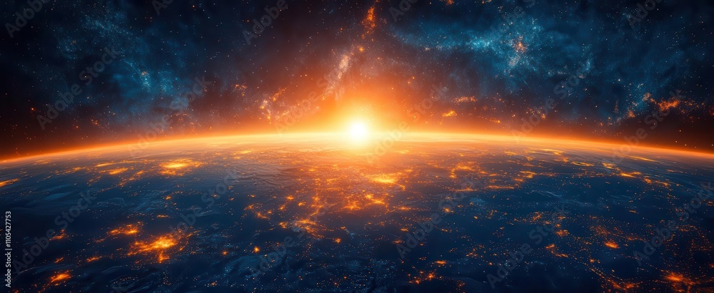 futuristic overview of earth featuring digital data visualization and a rising sun capturing the essence of technological advancement and global connectivity in a stunning visual format futuristic overview of earth featuring digital data visualization and a rising sun capturing the essence of technological advancement and global connectivity in a stunning visual format