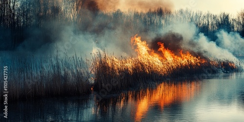 Raging forest spring fires cause destruction, with burning grass and reeds along a lake. The ecological catastrophe of fire and smoke devastates life as firefighters work to extinguish the big fire.