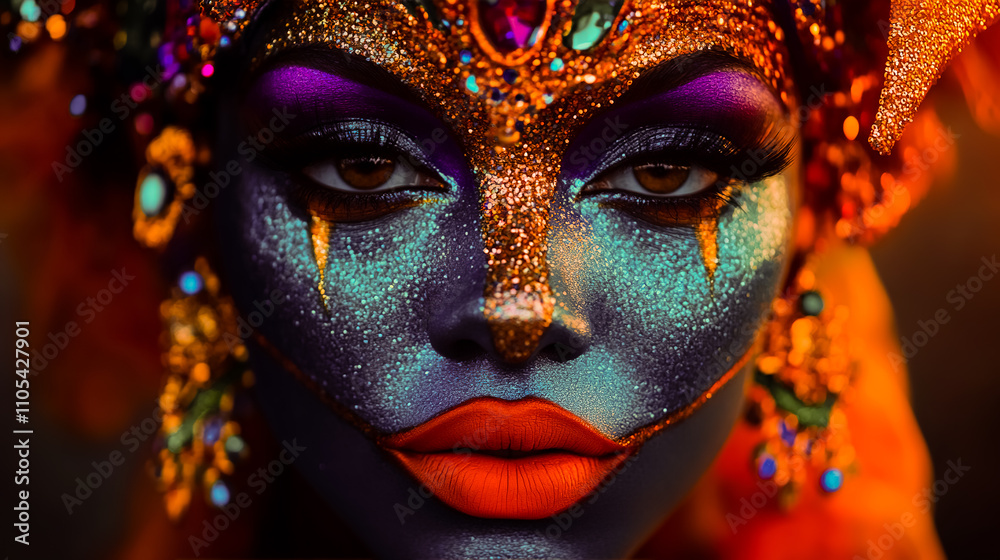 The face is painted with a striking mask design in bold shades of blue, with gold glitter accents that shimmer and create a magical effect. The face is painted with a striking mask design in bold shades of blue, with gold glitter accents that shimmer and create a magical effect.