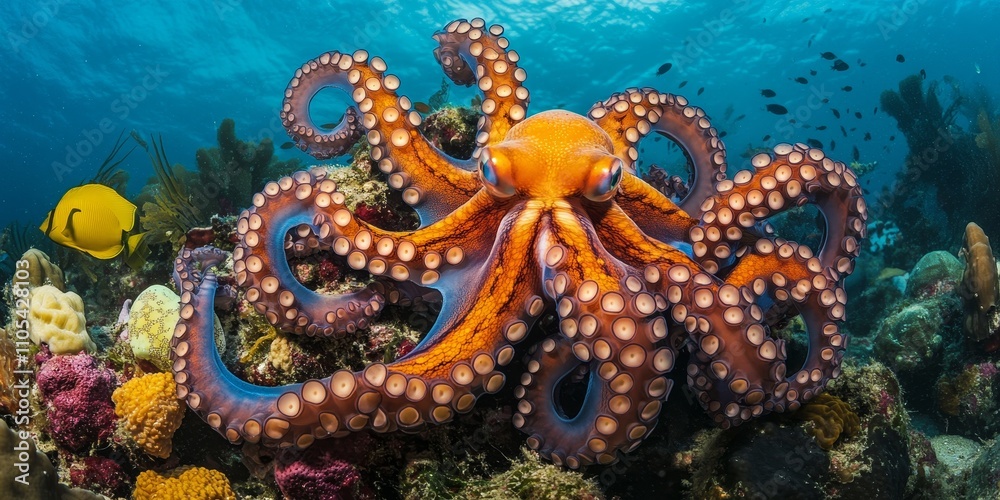 Eye level perspective of a Day Octopus Octopus cyanea , showcasing the vibrant colors and textures as it rests on the coral reef. The Day Octopus is a fascinating marine creature in its natural Eye level perspective of a Day Octopus Octopus cyanea , showcasing the vibrant colors and textures as it rests on the coral reef. The Day Octopus is a fascinating marine creature in its natural