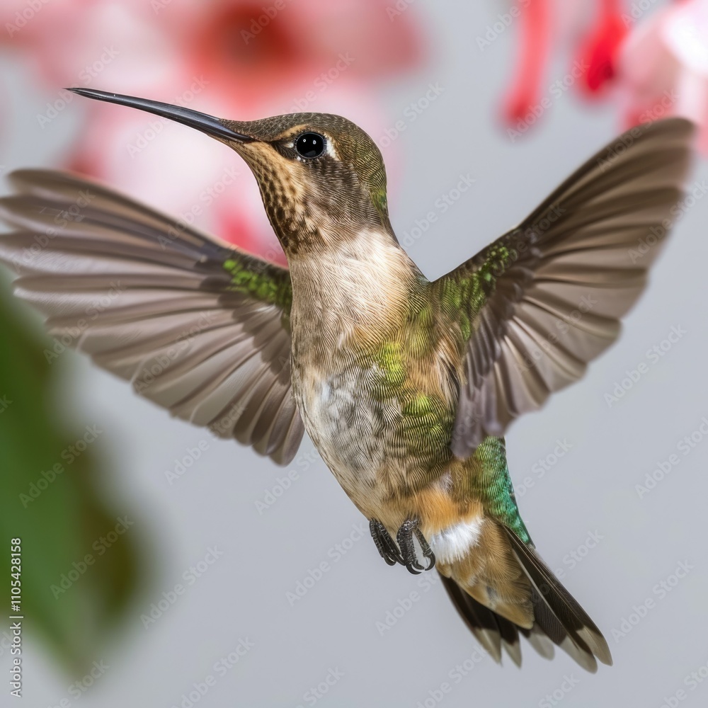 Fototapeta premium Ruby throated Hummingbird hovering looking at the viewer; isolated on white
