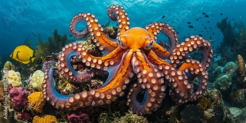 Eye level perspective of a Day Octopus Octopus cyanea , showcasing the vibrant colors and textures as it rests on the coral reef. The Day Octopus is a fascinating marine creature in its natural