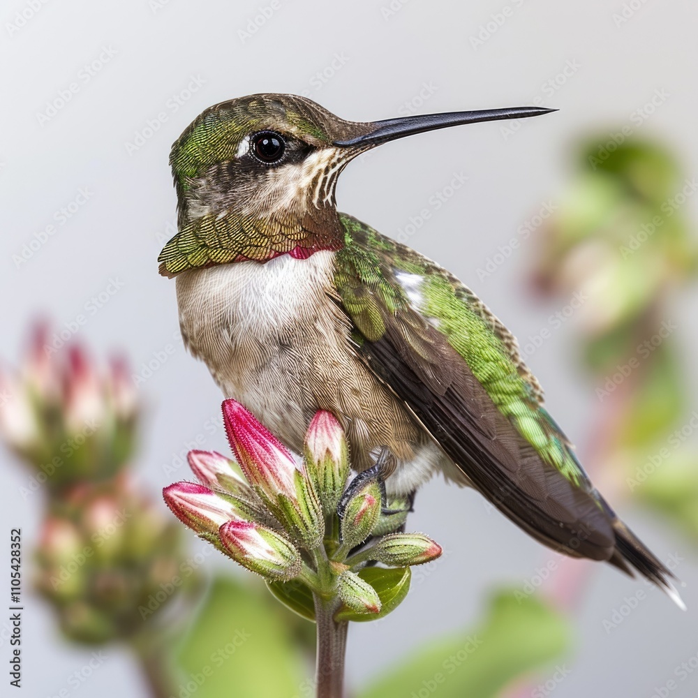 Obraz premium Juvenile male Ruby throated hummingbird resting on flower stem.