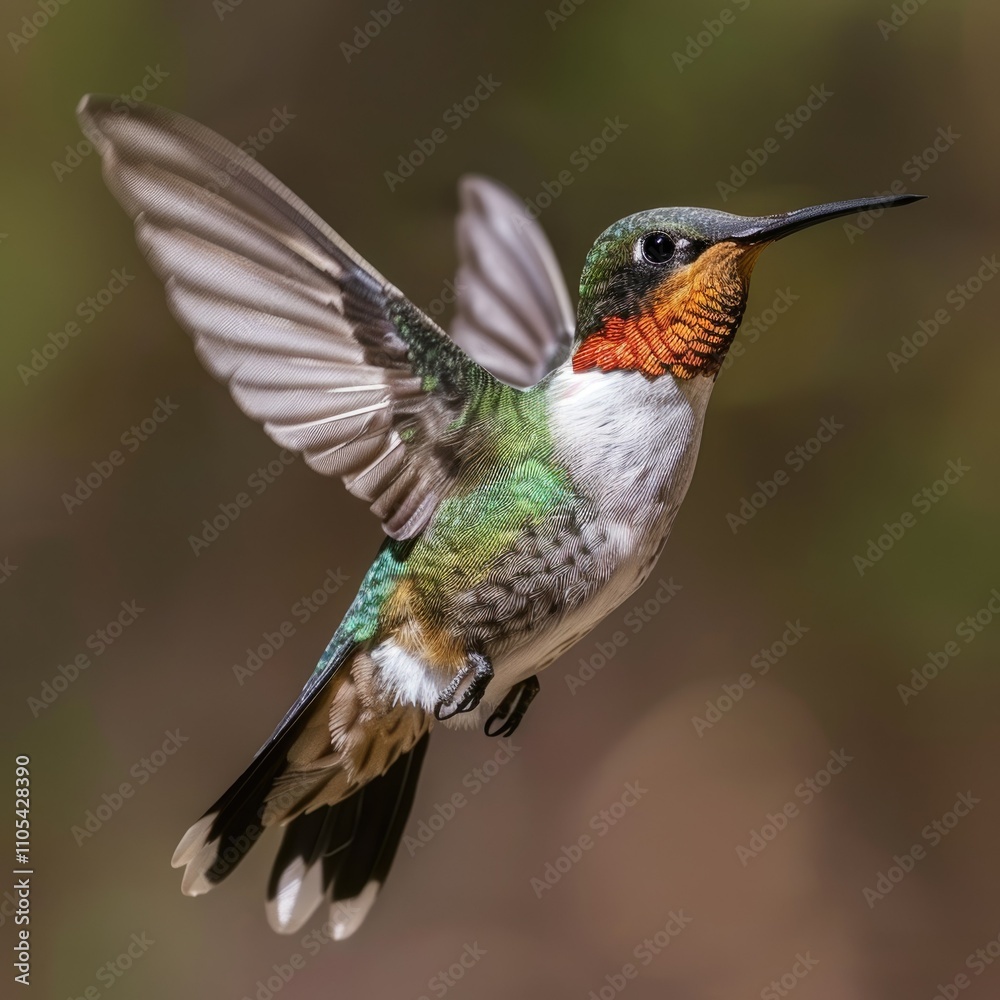 Obraz premium Male Ruby throated hummingbird flying.