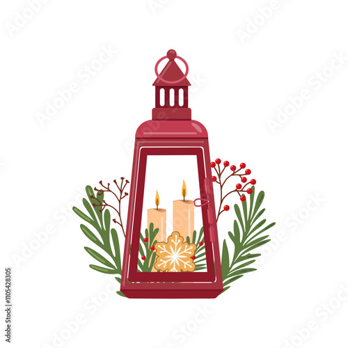 Red Christmas lantern with candles, greenery, and festive cookie illustration