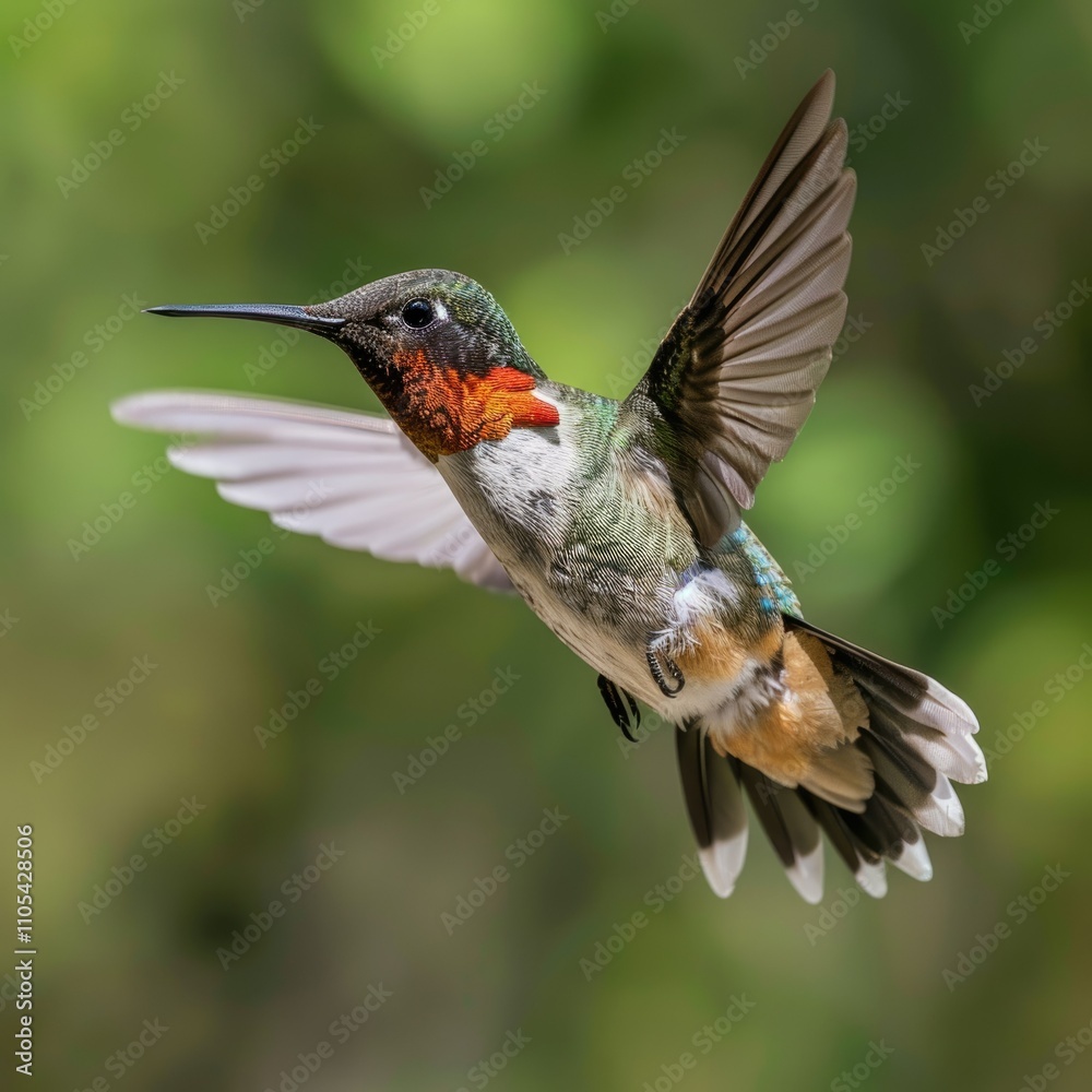 Obraz premium Male Ruby throated hummingbird flying.