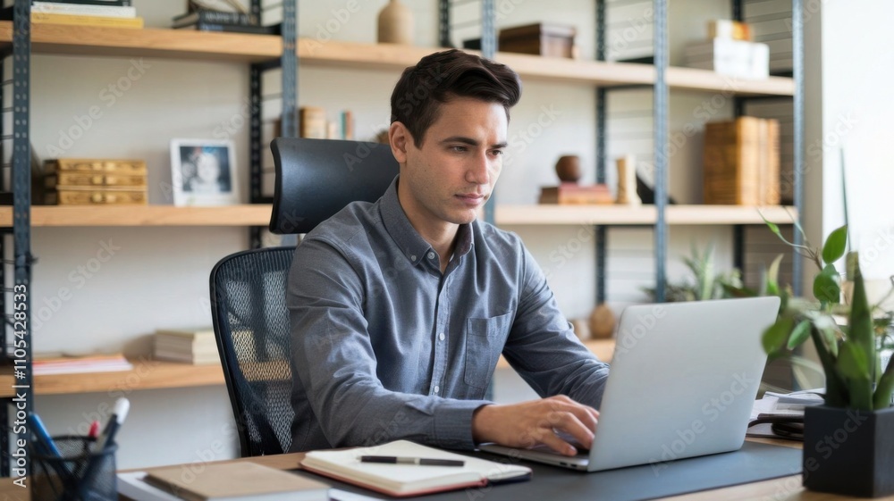 Professional Man Working on Laptop in Modern Office Workspace Sitting on a chair Office Desk Background. team working company office work, business meeting workplace office environment man working Professional Man Working on Laptop in Modern Office Workspace Sitting on a chair Office Desk Background. team working company office work, business meeting workplace office environment man working